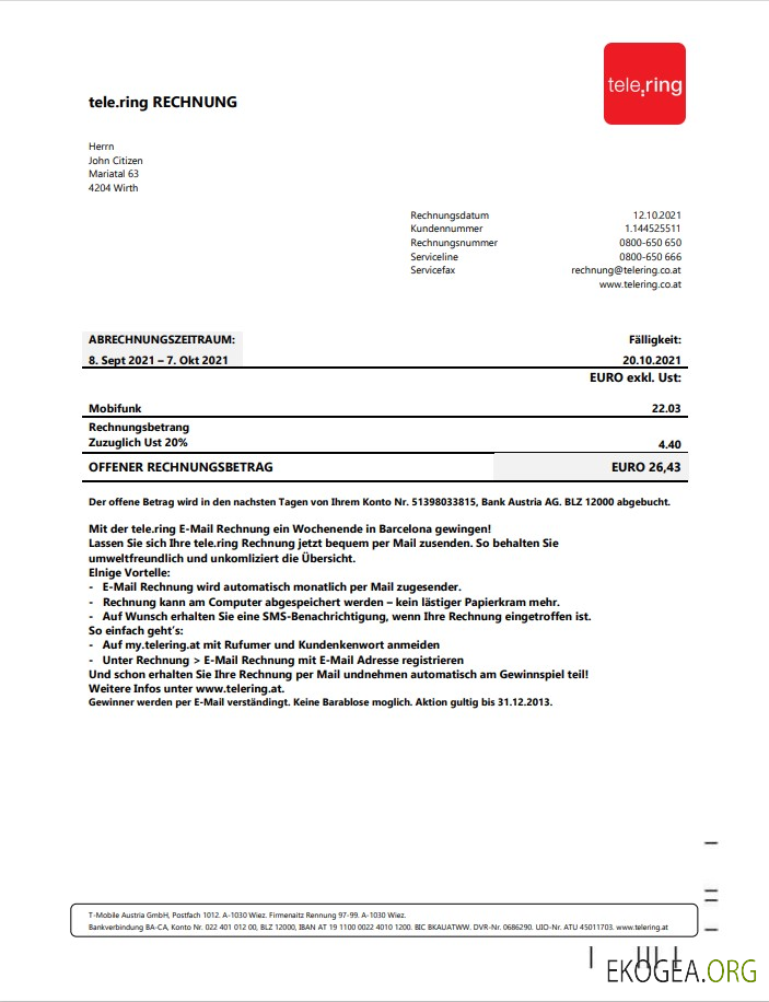 Sweden Tele Ring utility bill template in Word and PDF format